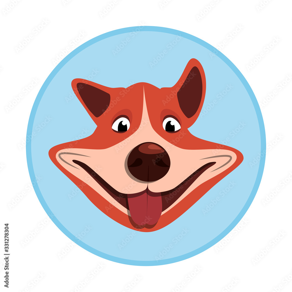 Naklejka premium Funny dog icon. Tongue out of mouth. A smile on his face. Head in a circle. Vector illustration.