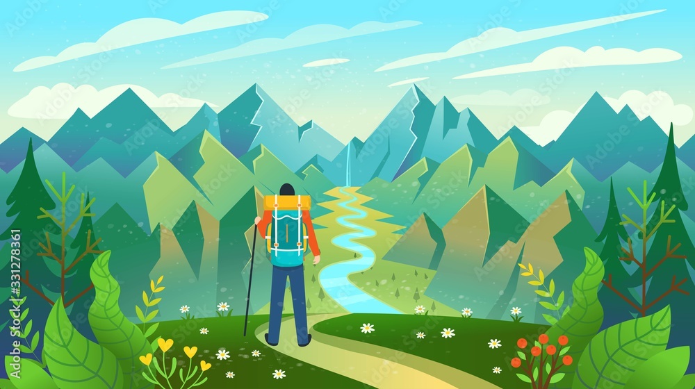 A backpacker standing on the top of a mountain enjoying river view. Vector illustration.
