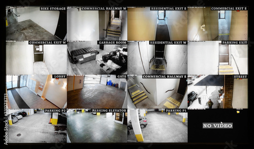 Security camera monitoring screen. 16 camera slots. Small high end system of residential, commercial  or strata building. Parking, gate, garbage and recycling room, staircase and hallway. photo