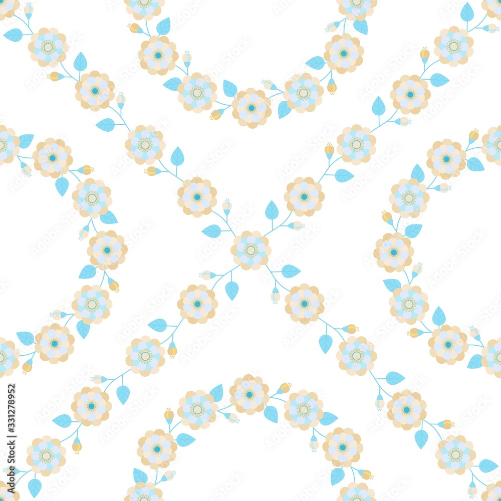 Seamless pattern with flowers and leaves for fabric, textile, wrapping paper, card, invitation, wallpaper, web design, background. Elements isolated on white background. Seamless pattern with flowers and leaves for fabric, textile, wrapping paper, card, invitation, wallpaper, web design, background. Elements isolated on white background.