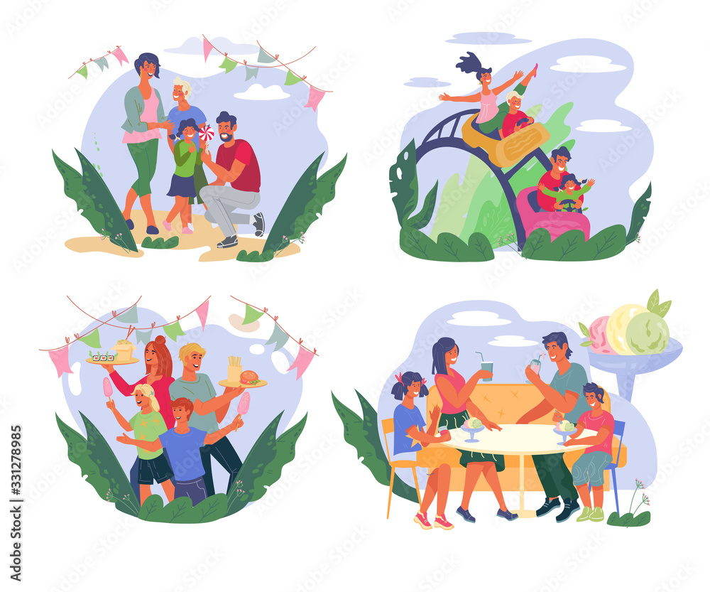Family walking and having fun in park or at street food festival banners set. Summer leisure and weekend activity. Fair attractions and cafe, entertainment. Flat vector illustration isolated. Family walking and having fun in park or at street food festival banners set. Summer leisure and weekend activity. Fair attractions and cafe, entertainment. Flat vector illustration isolated.