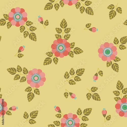 Seamless pattern with flowers and leaves for fabric, textile, wrapping paper, card, invitation, wallpaper, web design, background. Elements isolated on white background.