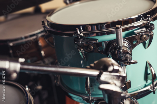 Detail of a drum kit closeup . Drums on stage retro vintage picture.