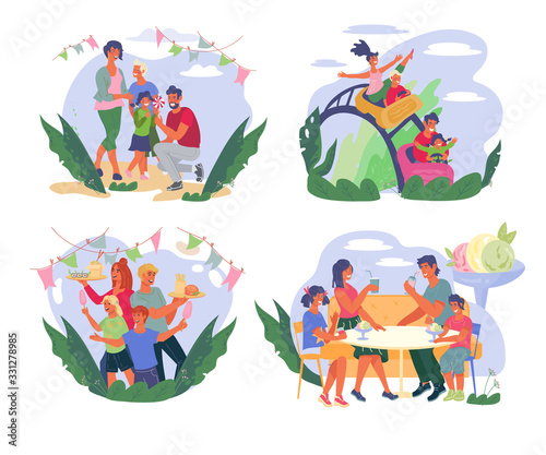 Family walking and having fun in park or at street food festival banners set. Summer leisure and weekend activity. Fair attractions and cafe, entertainment. Flat vector illustration isolated.