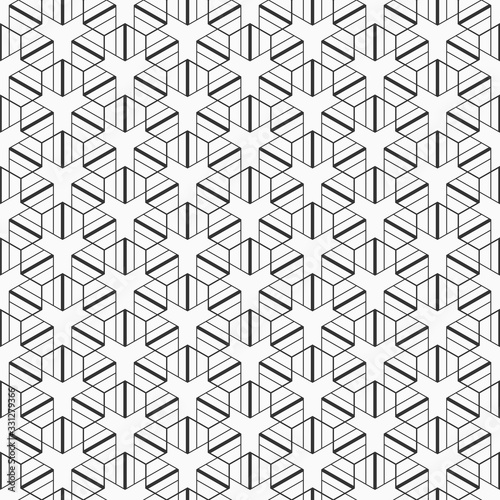 Abstract seamless pattern. Modern stylish texture. Linear style. Geometric tiles with triple hexagonal elements, triangles and filled shapes. Vector monochrome background.