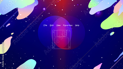Retrowave space - cosmic background of luminescence abstract shape and glowing light ray with retro floppy disk outline icon in center, retro modern background template