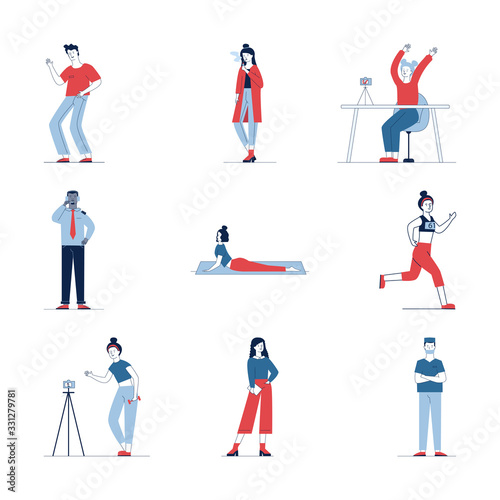 Modern set of diverse cartoon people. Flat vector illustrations of man, woman waving, running, smoking. Activity and lifestyle concept for banner, website design or landing web page