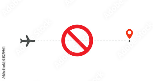Stop sign, prohibition sign on airplane, flight ban icon, forbidden passenger air travel symbol, airport closed sign for, isolated vector illustration