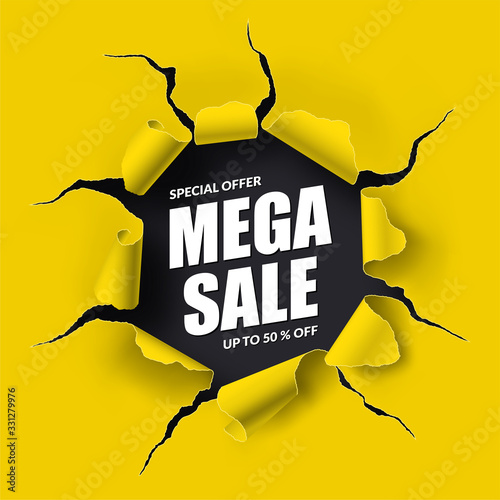 Mega Sale banner in the form of torn hole with ripped edges in the sheet of paper. Special offer design. Discount, 50 percent off template. Vector background with place for text