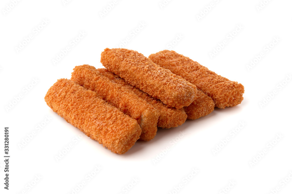 Fish fingers on a white background. Frozen fish fingers close-up. Fish fingers on a white background. Frozen fish fingers close-up.