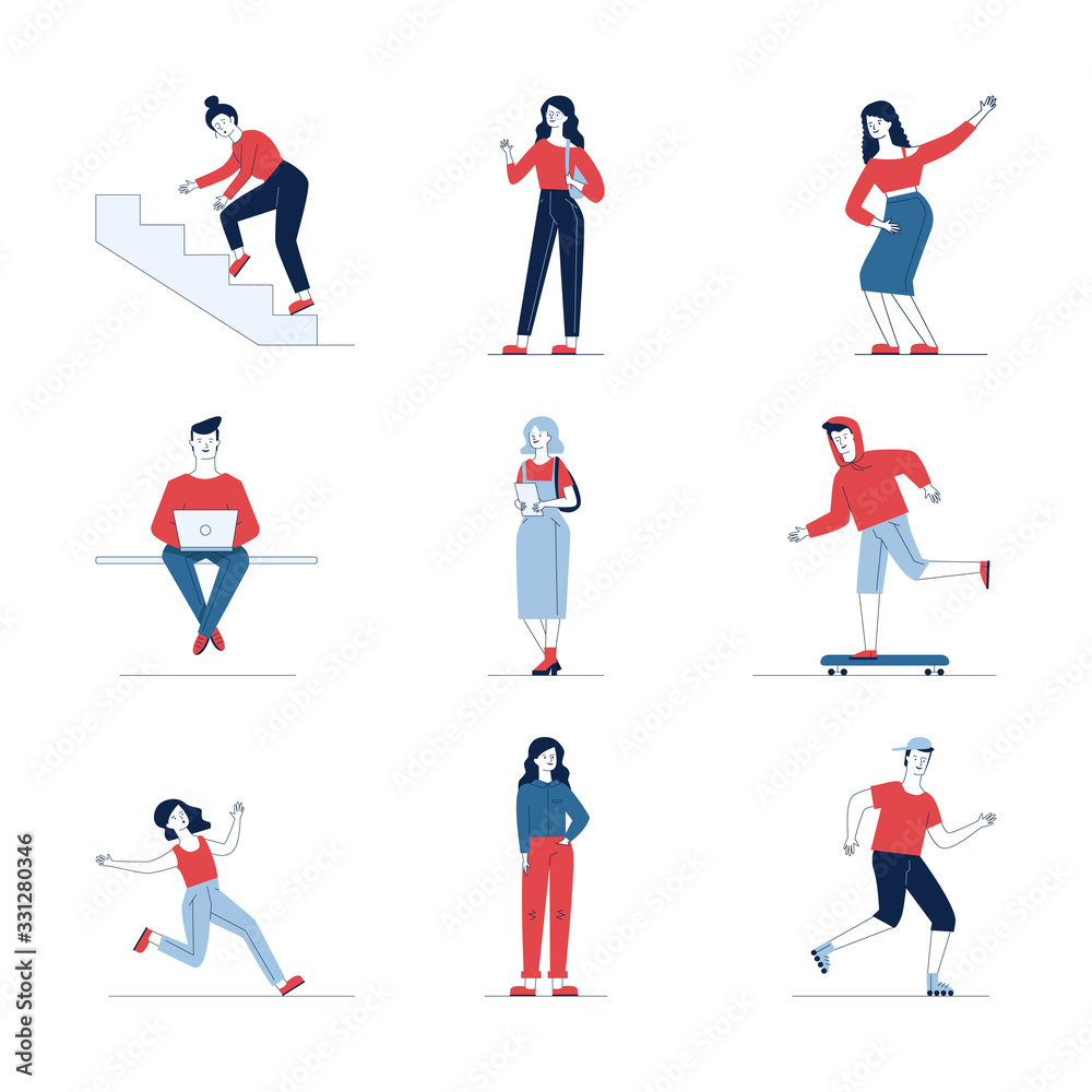 Colorful collection of diverse cartoon people. Flat vector illustrations of man and woman stumbling, running, skating. Activity and lifestyle concept for banner, website design or landing web page