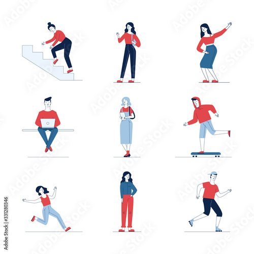 Colorful collection of diverse cartoon people. Flat vector illustrations of man and woman stumbling  running  skating. Activity and lifestyle concept for banner  website design or landing web page