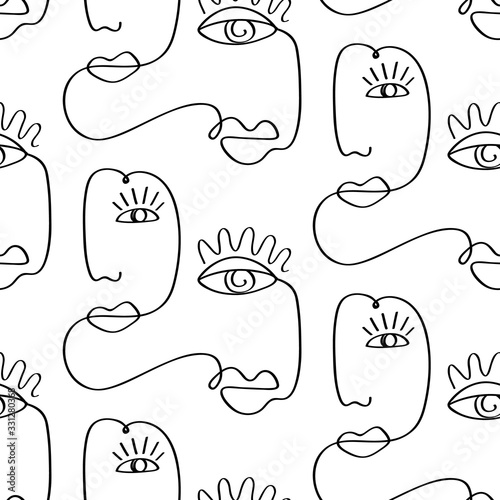 Glamour one line drawing women faces seamless pattern