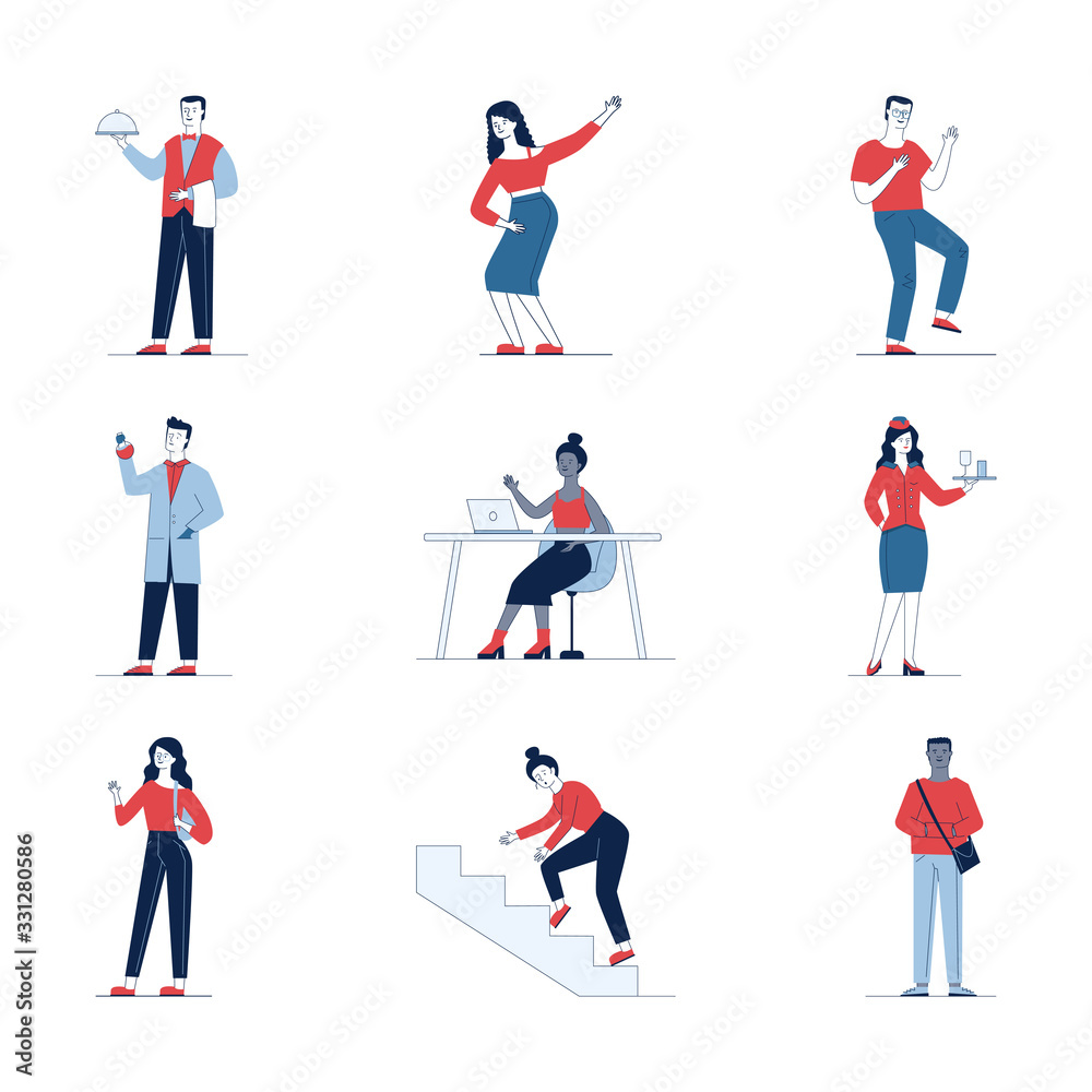 Modern collection of different cartoon people. Flat vector illustrations of man and woman holding items, waving. Activity and lifestyle concept for banner, website design or landing web page