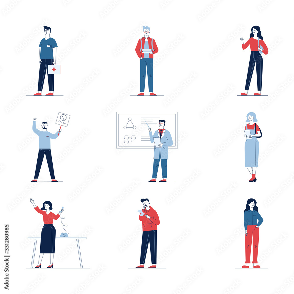 Trendy set of various cartoon people. Flat vector illustrations of man and woman standing, smoking and teaching. Activity and lifestyle concept for banner, website design or landing web page