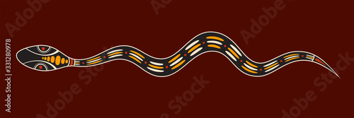 Snake. Aboriginal art style. Flat design style. Vector color illustration isolated on brown background.