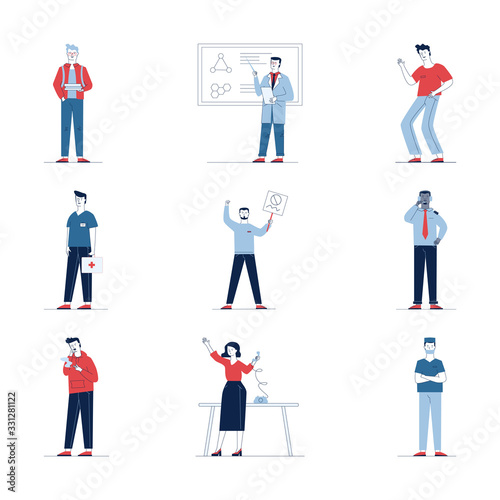 Set of various cartoon people. Flat vector illustrations of man at meeting. Doctor, teacher and scientist. Everyday activity and lifestyle concept for banner, website design or landing web page
