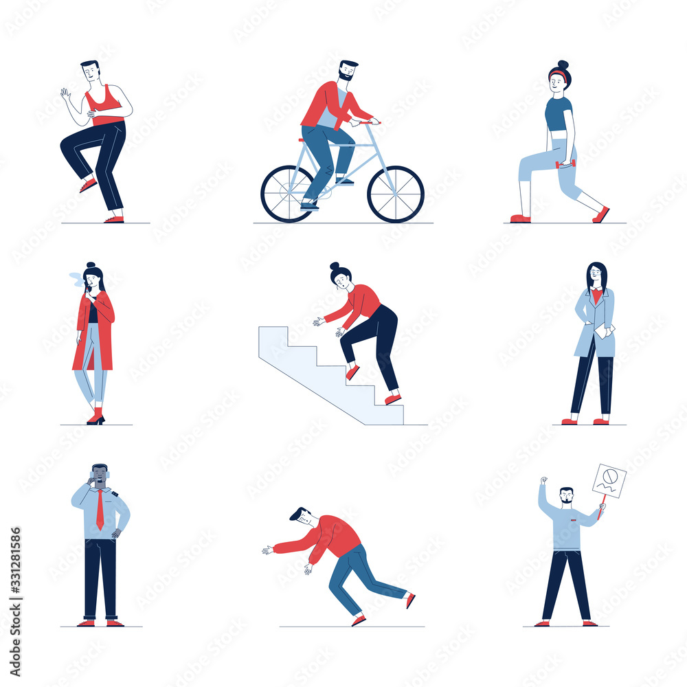 Creative set of different cartoon people. Flat vector illustrations of man and woman smoking, stumbling and cycling. Activity and lifestyle concept for banner, website design or landing web page