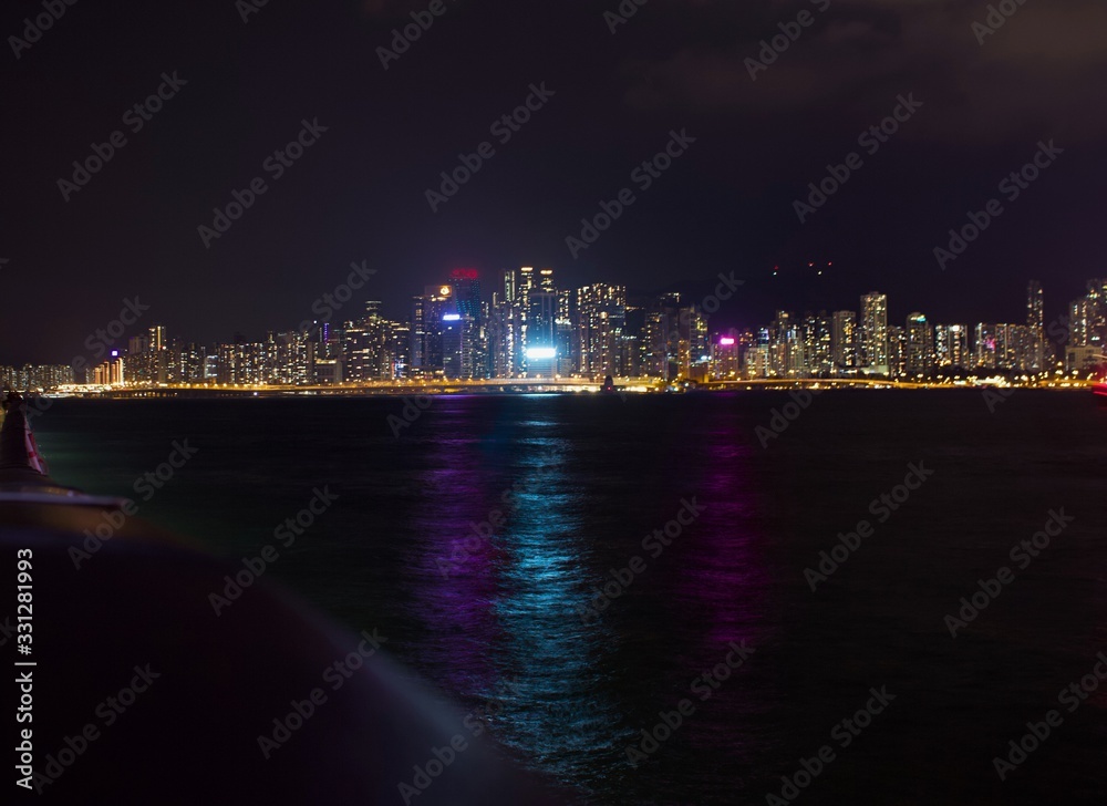 Hong Kong skyline by night from the Victoria Bay area