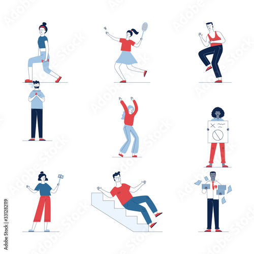 Creative set of various cartoon people. Flat vector illustrations of man and woman falling, smoking, and meeting. Activity and lifestyle concept for banner, website design or landing web page