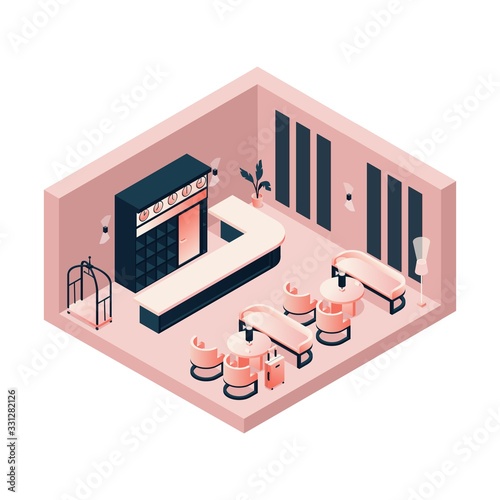Isometric lobby, reception, lounge in pink pastel color with a hotel card or trolley, tables and chairs. Interior concept scene
