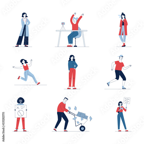 Big set of different cartoon people. Flat vector illustrations of man and woman standing in protest, smoking. Activity and lifestyle concept for banner, website design or landing web page
