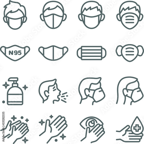 Mask protection virus icon set vector illustration. Contains such icon as clean, sneeze, mask, hand washing, hand sanitizer and more. Expanded Stroke