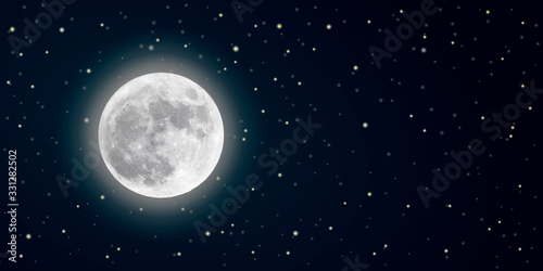 Realistic vector full moon in the starry sky in the dark. banner with highlighted place for text