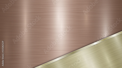 Background consisting of a bronze shiny metallic surface and one polished golden plate located in corner, with a metal texture, glares and burnished edge