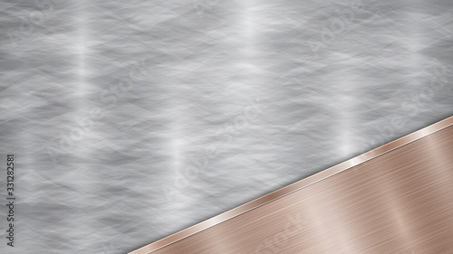 Background consisting of a silver shiny metallic surface and one polished bronze plate located in corner, with a metal texture, glares and burnished edge