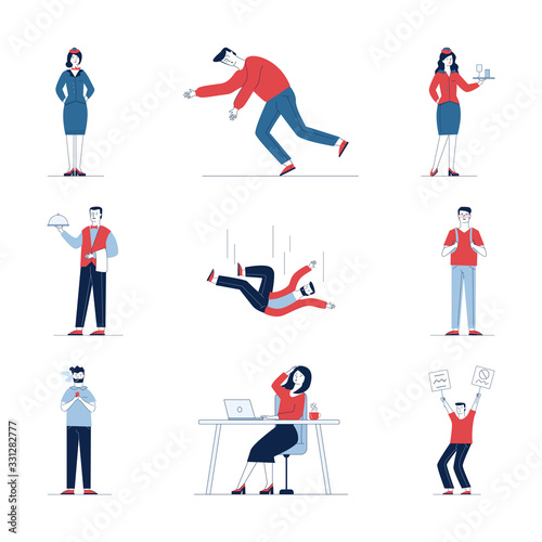 Collection of various cartoon people. Flat vector illustrations of man and woman stumbling, sitting, standing. Everyday activity and lifestyle concept for banner, website design or landing web page