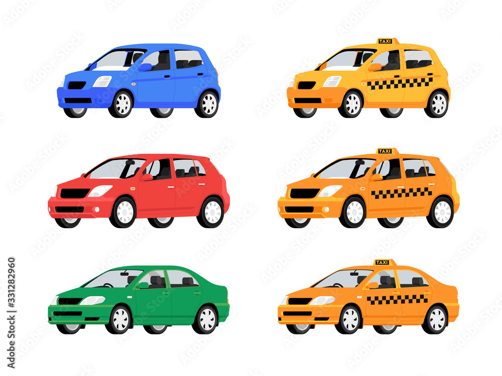 Yellow Taxi car. Taxi service automobile isolated on white background. Vector illustration