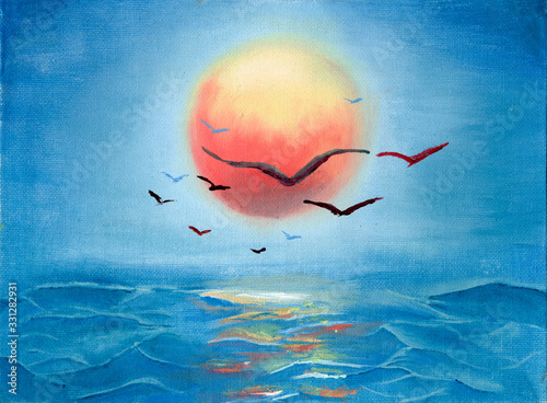 Oil painting of a waves on the ocean, seagulls and big red sun