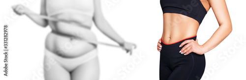Woman with measuring tape before and after weight loss.