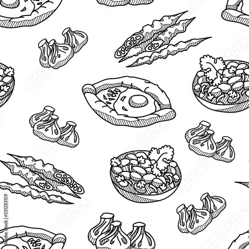 Hand drawn vector illustration of Georgian food. Seamless pattern isolated on white background.