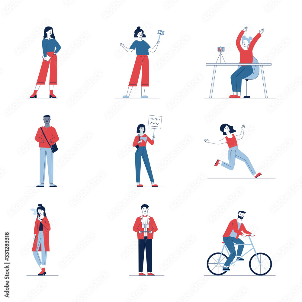 Large collection of various cartoon people. Flat vector illustrations of man and woman cycling, running, looking aside. Activity and lifestyle concept for banner, website design or landing web page