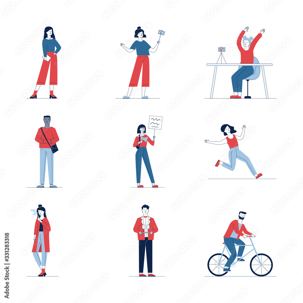 Large collection of various cartoon people. Flat vector illustrations of man and woman cycling, running, looking aside. Activity and lifestyle concept for banner, website design or landing web page Large collection of various cartoon people. Flat vector illustrations of man and woman cycling, running, looking aside. Activity and lifestyle concept for banner, website design or landing web page