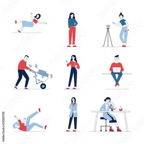 Big collection of various cartoon people. Flat vector illustrations of man and woman waving, falling, looking. Activity and lifestyle concept for banner, website design or landing web page