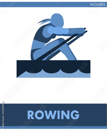 Female rowing icon vector. A woman is competing in boating. Pictogram, symbol. Women or girls sports. International women's sport. Image is one of a series. Isolated, white background.