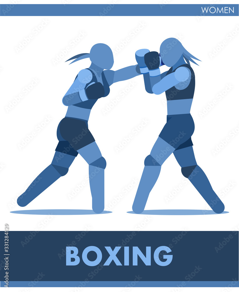 Boxing vector icons. Female match on ring. Pictogram women sport training. Logo. Fight girls. Symbolic image is one of a series. Boxing woman. Isolated on white background. Sports label, symbol. 