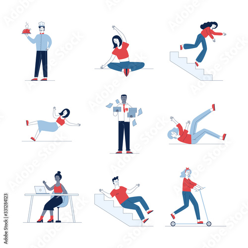 Big collection of diverse cartoon people. Flat vector illustrations of man and woman stumbling, sitting, chatting. Activity and lifestyle concept for banner, website design or landing web page