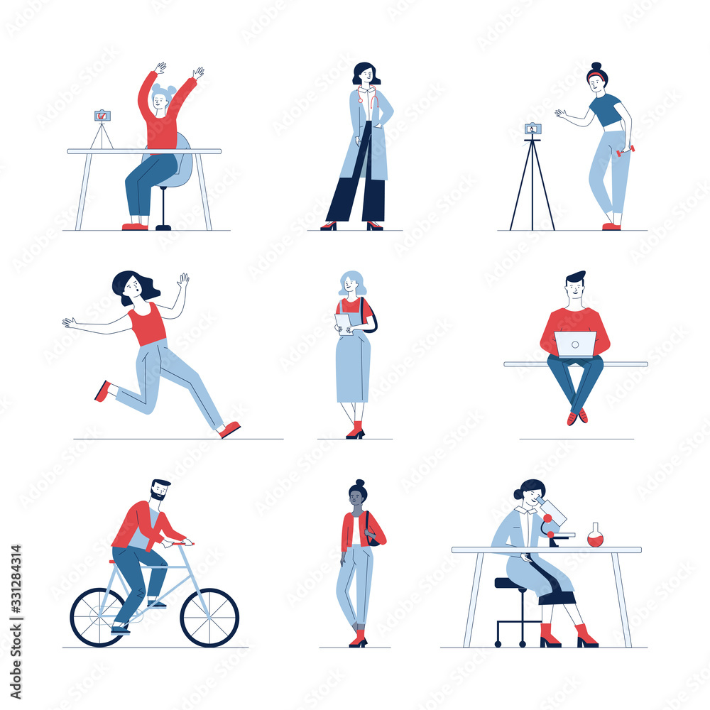 Trendy collection of diverse cartoon people. Flat vector illustrations of man and woman cycling, sitting, running. Activity and lifestyle concept for banner, website design or landing web page Trendy collection of diverse cartoon people. Flat vector illustrations of man and woman cycling, sitting, running. Activity and lifestyle concept for banner, website design or landing web page