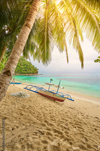 Fisher boat lying peaceful under palm trees at the beach of "Albaguen Island" while the sun sets