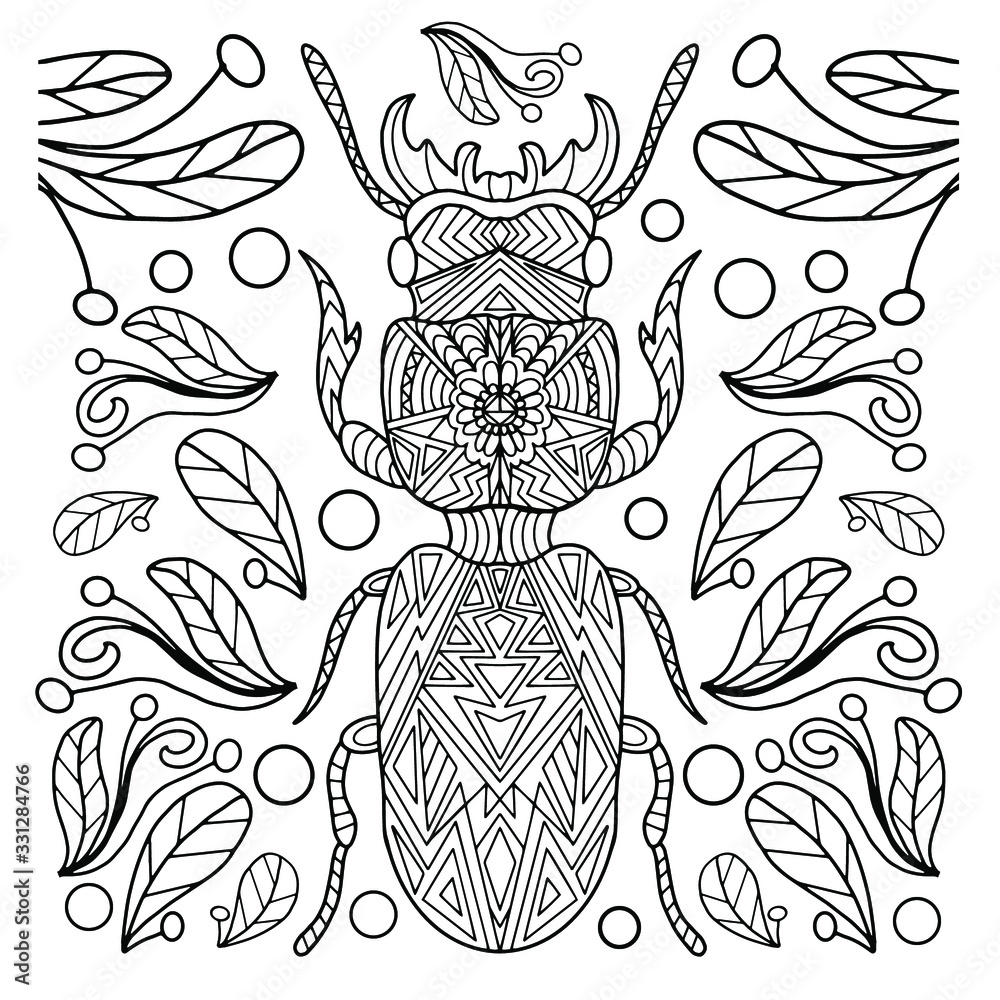 insect and leaves drawn by hand on a white background, coloring, coloring book, insects, nature.