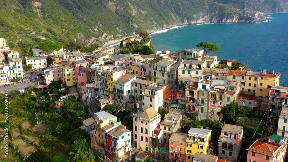 Aerial view of the Village of Manarola, Cinque Terre coast of Italy. magnificent seen from the Italian coast, Manarola is a small town in Liguria, in the north of Italy	