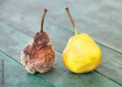 Fototapeta Naklejka Na Ścianę i Meble -  Moldy and healthy fresh pear fruits food on the table