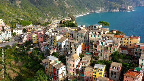 Aerial view of the Village of Manarola, Cinque Terre coast of Italy. magnificent seen from the Italian coast, Manarola is a small town in Liguria, in the north of Italy 