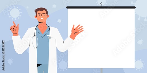 Doctor or medical health care scpecialist talking about coronavirus pandemic or coronavirus disease 2019 COVID-19. Concept of informing people about self protective measures, symptoms and prevention.