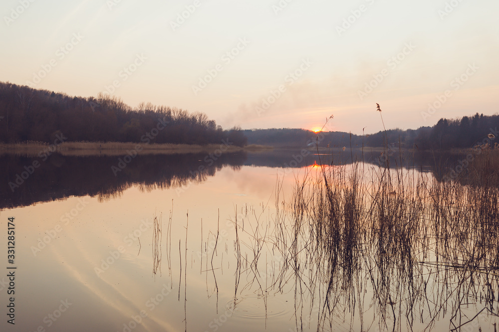 Obraz premium Beautiful colorful sunset over a forest lake