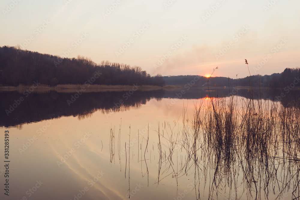 Fototapeta premium Beautiful colorful sunset over a forest lake